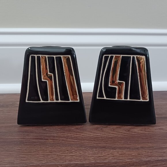 4" Vtg Harris Potteries Chicago Black Gold MCM Modernist Candle Holders Triangle - Picture 2 of 4